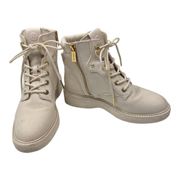 Michael Kors Womens Size 7 Trudy Cream Canvas Lace Up Bootie Boots - Picture 1 of 6